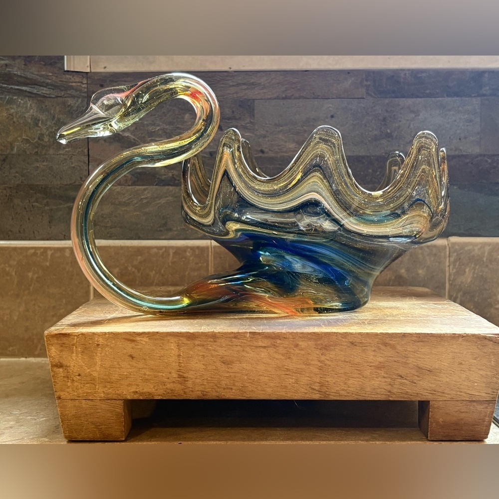 Vintage Hand Blown Art Glass Swan Bowl Murano Style Amber Blue Smoke Glass